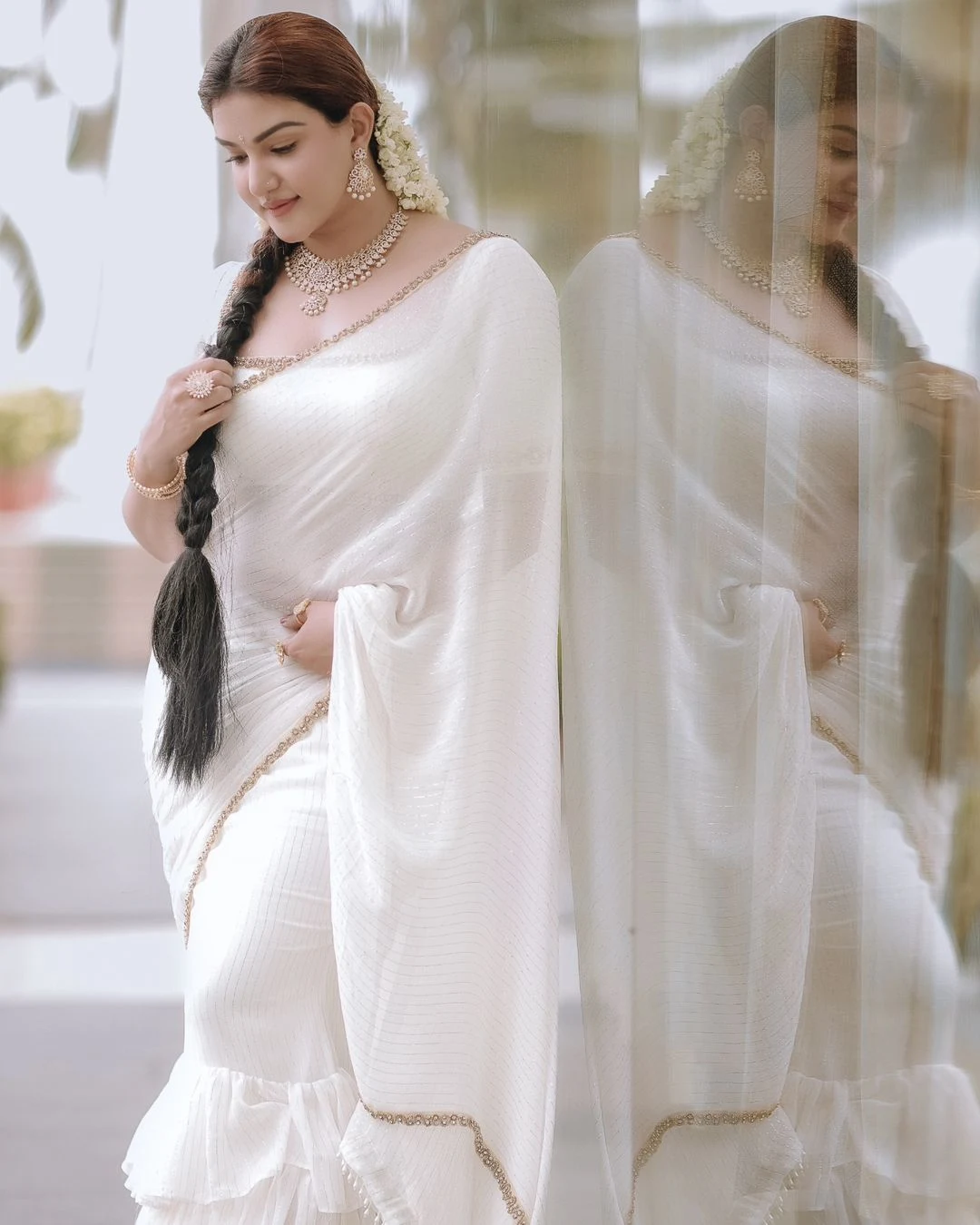 Honey Rose Stills in Sleeveless South Indian White Saree05